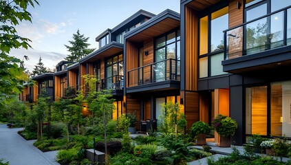 Fototapeta premium Modern townhouses with lush landscaping and evening lighting.