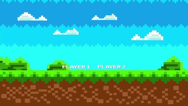 Level Up. Players. Pixel Game Background Natural Landscape with Blue Sky, Trees and Green Grass Pixel 8-Bit Video Game