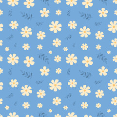 Cute seamless pattern with scattered flowers and leaves. Simple floral pattern vector background. Floral pattern with blue background.