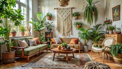 Fototapeta premium Cozy living room with vintage rug, macrame wall hanging, and eclectic mix of antique furniture, woven baskets, and