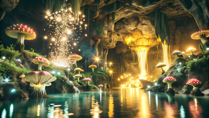 Fototapeta premium Twisting path of a magical vine into a cave filled with mushrooms, and mysterious creatures.