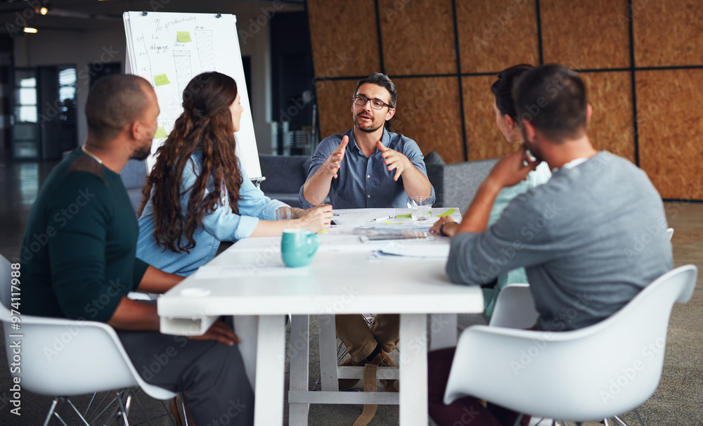 Aufkleber people, coach and meeting in office for training, teaching and learning for skill or career developm