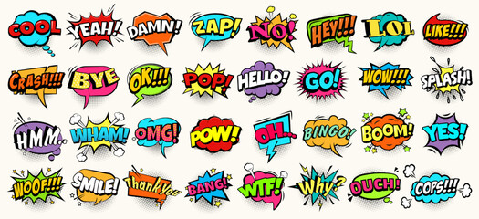 Set of vintage speech bubble, cartoon sticker, cloud communication art and chat balloon with comic text message, halftone, explosion bomb and splash effect in pop art style. Comic quote or idea symbol