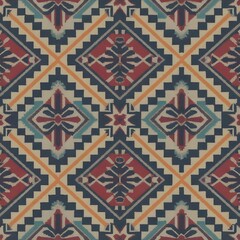 Fabric with colorful repeating pattern of geometric shapes. Fabric with traditional and ethnic feel. Generative AI.