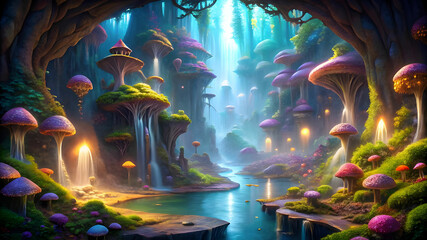 Twisting path of a magical vine into a cave filled with mushrooms, and mysterious creatures.