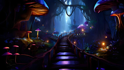 Twisting path of a magical vine into a cave filled with mushrooms, and mysterious creatures.