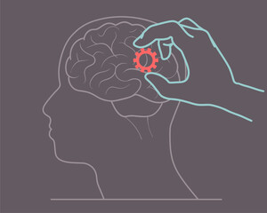 Head with brain inside. Hand put cogwheel in it. Productivity, effectiveness. Intelligence and knowledge development with brain performance. Gear and technical wheel as thoughts, treatment and idea