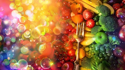 Close-up of a fork piercing a glowing rainbow of colorful healthy foods, symbolizing balanced nutrition and dietary variety.Diet plan,World Health Day,vegetarian,nutrition campaigns,wellness promotion