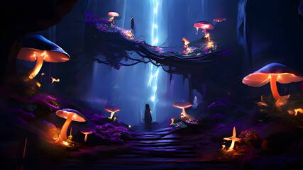 Twisting path of a magical vine into a cave filled with mushrooms, and mysterious creatures.