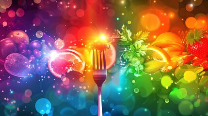 Close-up of a fork piercing a glowing rainbow of colorful healthy foods, symbolizing balanced nutrition and dietary variety.Diet plan,World Health Day,vegetarian,nutrition campaigns,wellness promotion