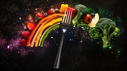 Close-up of a fork piercing a glowing rainbow of colorful healthy foods, symbolizing balanced nutrition and dietary variety.Diet plan,World Health Day,vegetarian,nutrition campaigns,wellness promotion