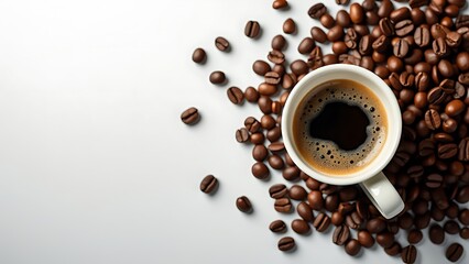 Obraz premium Cup of coffee surrounded by scattered coffee beans on a clean, white background. Perfect for coffee enthusiasts and use in cafe menus, blogs, and food photography.