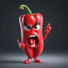 3D red angry pepper character with pepper shape, temper vegetable, isolated in grey background
