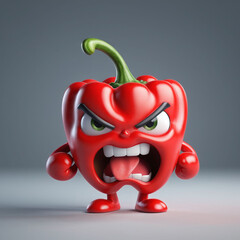 3D red angry pepper character with pepper shape, temper vegetable, isolated in grey background
