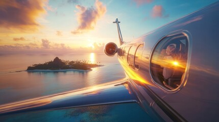 Fototapeta premium Private jets fly over stunning tropical islands, a luxurious journey amidst turquoise waters and lush green landscapes.
