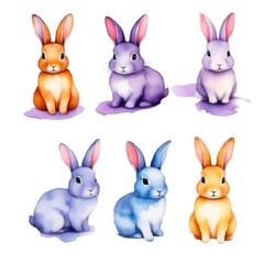 Obraz premium Colorful cartoon rabbits in various poses sitting on a white background, ideal for children's art or seasonal decorations