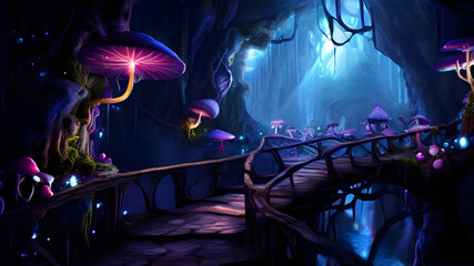 Twisting path of a magical vine into a cave filled with mushrooms, and mysterious creatures.