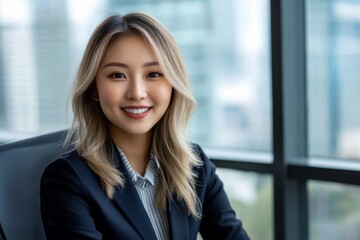 close-up of beautiful young smiling asian businesswoman, wearing black suit and sitting in office  against window 