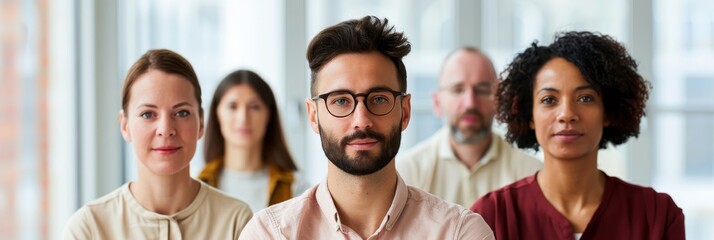 A diverse group of professionals standing confidently together in a bright office environment, symbolizing teamwork, leadership, and inclusion.