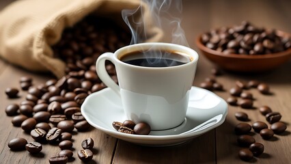 Steaming cup of coffee surrounded by scattered coffee beans and a burlap sack, set on a wooden surface. Perfect for coffee lovers and rustic-themed projects.