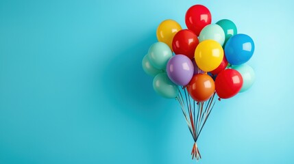 A vibrant cluster of multicolored balloons floating against a bold color background, with ample space for text, creating a festive and cheerful scene