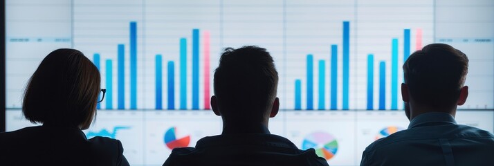 Team analyzing financial data charts and graphs displayed on a large screen in a modern office environment.
