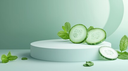 A vector illustration of an empty podium 3D wrapped with fresh cucumber slices and mint leaves, isolated on a light teal background
