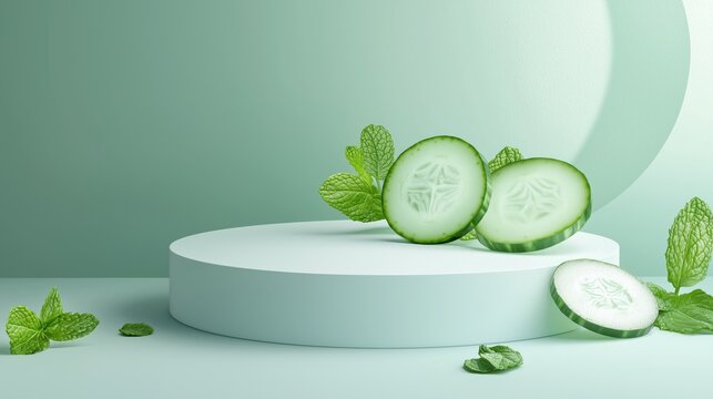 A vector illustration of an empty podium 3D wrapped with fresh cucumber slices and mint leaves, isolated on a light teal background