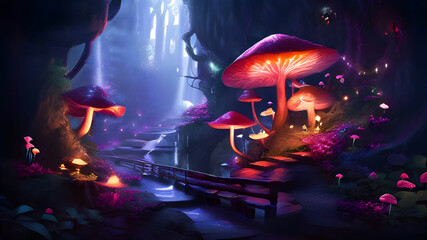 Twisting path of a magical vine into a cave filled with mushrooms, and mysterious creatures.