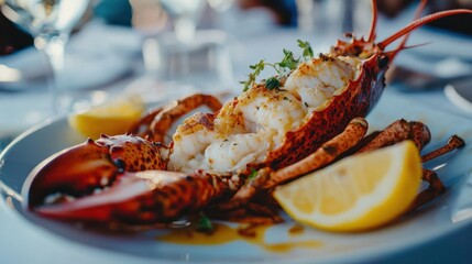 Fresh cooked lobster on a plate close up. Seafood dinner, healthy gourmet plate