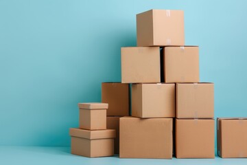 Obraz premium Several cardboard boxes of different sizes stacked against a light blue background in a minimalist arrangement, ready for packing or shipping