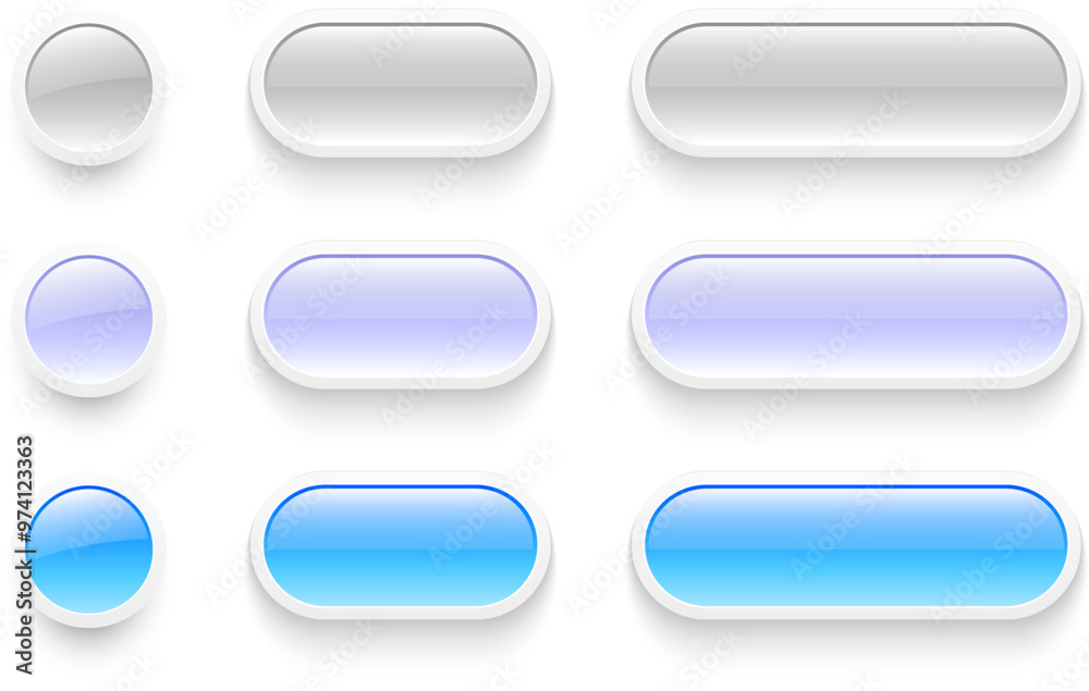 Poster Buttons set for user interface, simple white  blue 3D modern buttons design for mobile, web, social media, business.