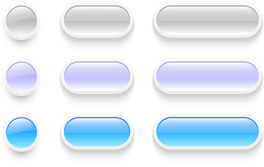 Buttons set for user interface, simple white  blue 3D modern buttons design for mobile, web, social media, business.