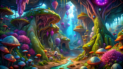 Twisting path of a magical vine into a cave filled with mushrooms, and mysterious creatures.