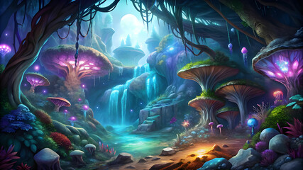 Obraz premium Twisting path of a magical vine into a cave filled with mushrooms, and mysterious creatures.