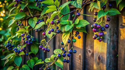 Dark green leaves and purple berries of climbing nightshade vine entwined around a weathered wooden fence, surrounded