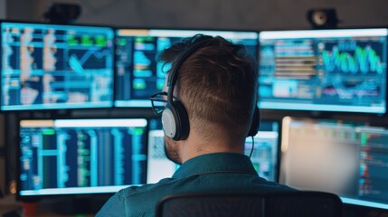 Stock trader seated at a desk, analyzing complex financial data and stock charts displayed on multiple monitors in a trading office.