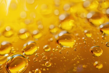 Macro photography of a golden liquid with bubbles, creating a refreshing and vibrant background texture.