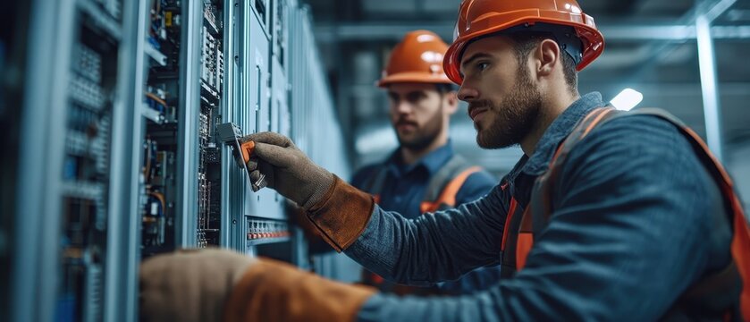 Two workers in hard hats inspect and operate electrical panels in a modern industrial setting, showcasing teamwork and safety.