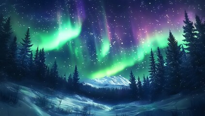 Fototapeta premium Stunning Aurora Borealis dancing in the night sky above a snowy forest.
