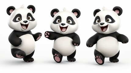 Fototapeta premium Charming collection of three 3d cartoon panda bears featuring happy expressions on white background
