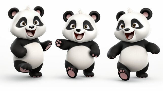 Charming collection of three 3d cartoon panda bears featuring happy expressions on white background