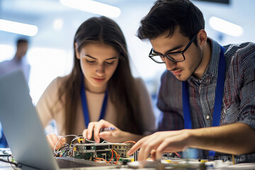 Indian male and female student working together on an electrical circuit in the lab