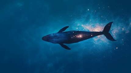 Naklejka premium Peaceful Whale Swimming Through Ethereal Galaxy with Star Reflections