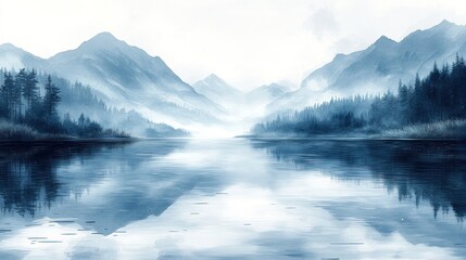 Serene mountain landscape with misty reflections on water.