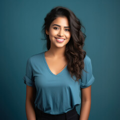 Fototapeta premium pretty modern young indian girl wearing blue top smiling, confident and smart, on solid color background