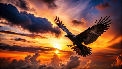 Dark outline of a raven in mid-flight against a vibrant sunset backdrop, wings outstretched, conveying mystery and