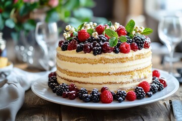 A delicious layered cake adorned with fresh berries, perfect for celebrations and gatherings, showcasing vibrant colors and textures.
