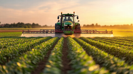 tractor spraying pesticides on an agricultural field with rows of corn during sunset.