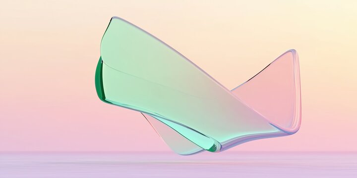 A hyperbolic paraboloid structure, smooth glassy surfaces with soft gradient colours transitioning from cyan to pale green